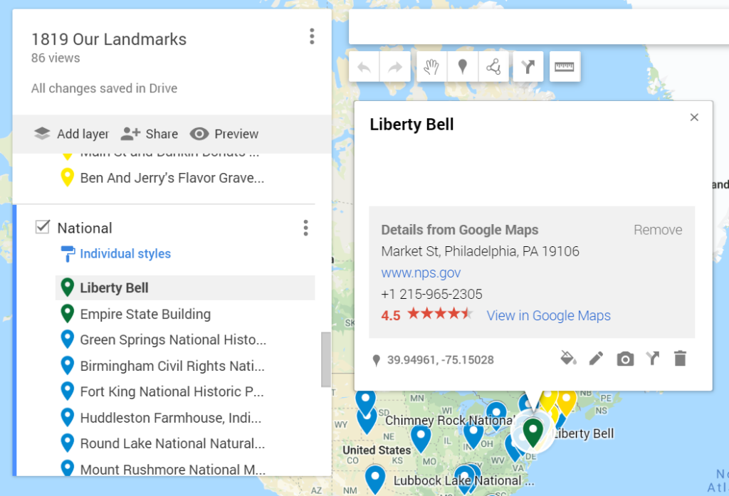 MyMaps showing the Liberty Bell as a national landmark.